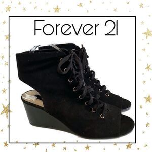 Forever 21 Black Suede Lace Up Peep Toe Wedges 8